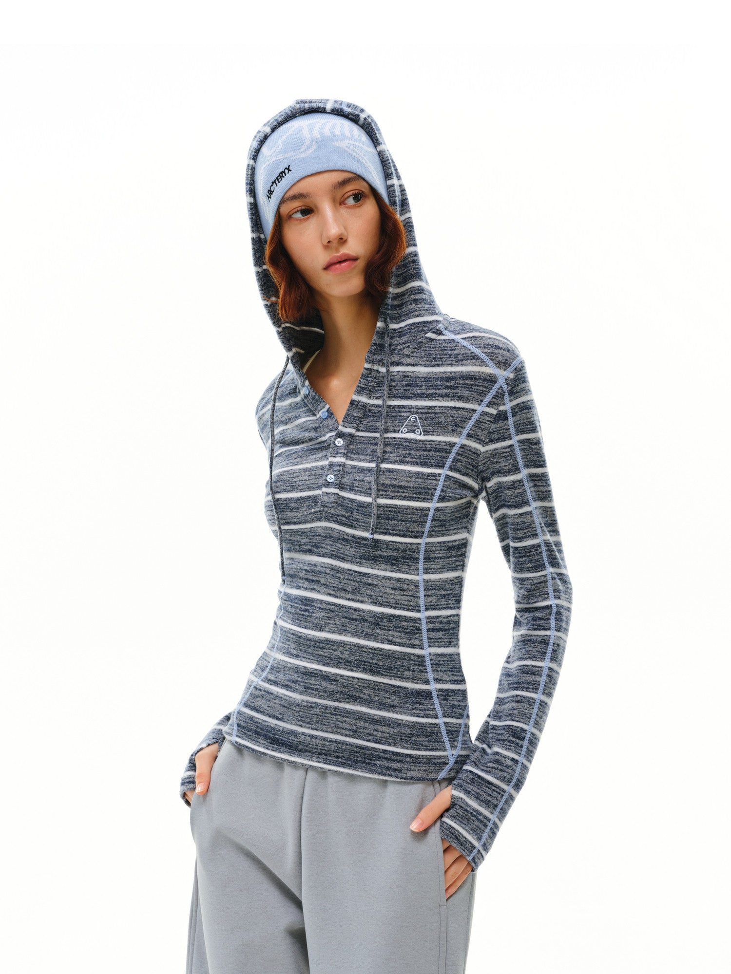 FPA Color-Block Halsey Line Henley Collar Striped Hoodie - Fall Casual Slim Fit Premium Feel Women's Hooded Sweatshirt