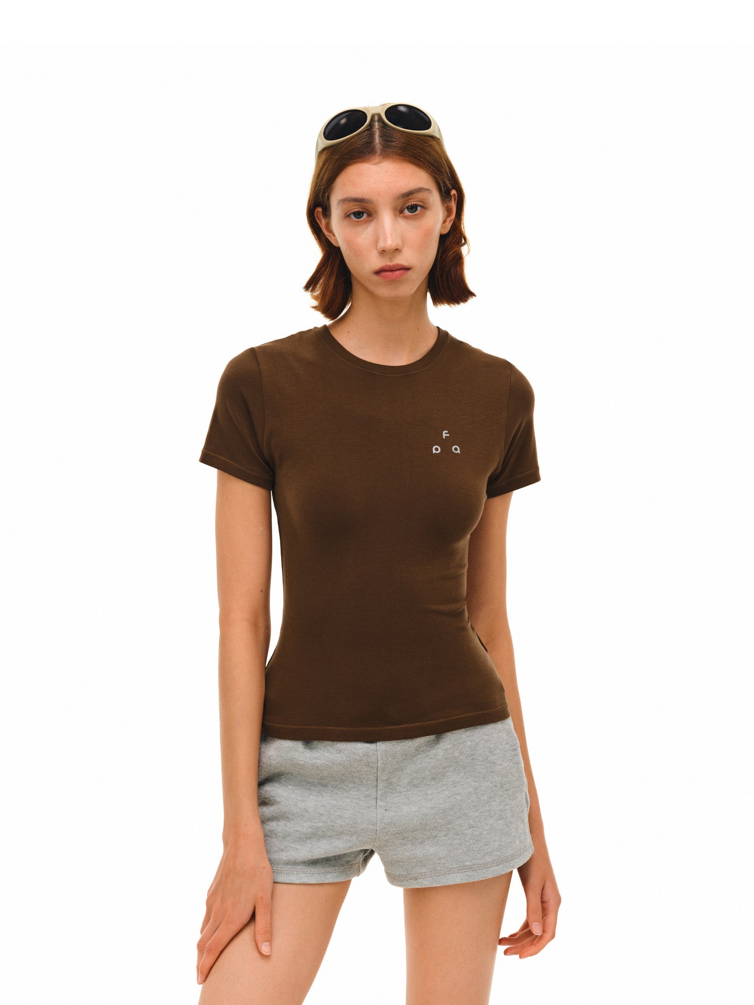 FPA7A Antibacterial Logo Stretch Crew Neck T-Shirt for Outdoor Sports, Slim Fit, Basic Layering, Short Sleeve for Women