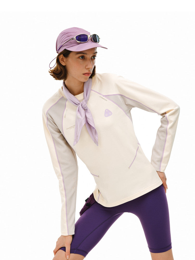 FPA Women's Long-Sleeve Color-Block Tee, Spring High-Design Slim-Fit Casual Crew Neck Top