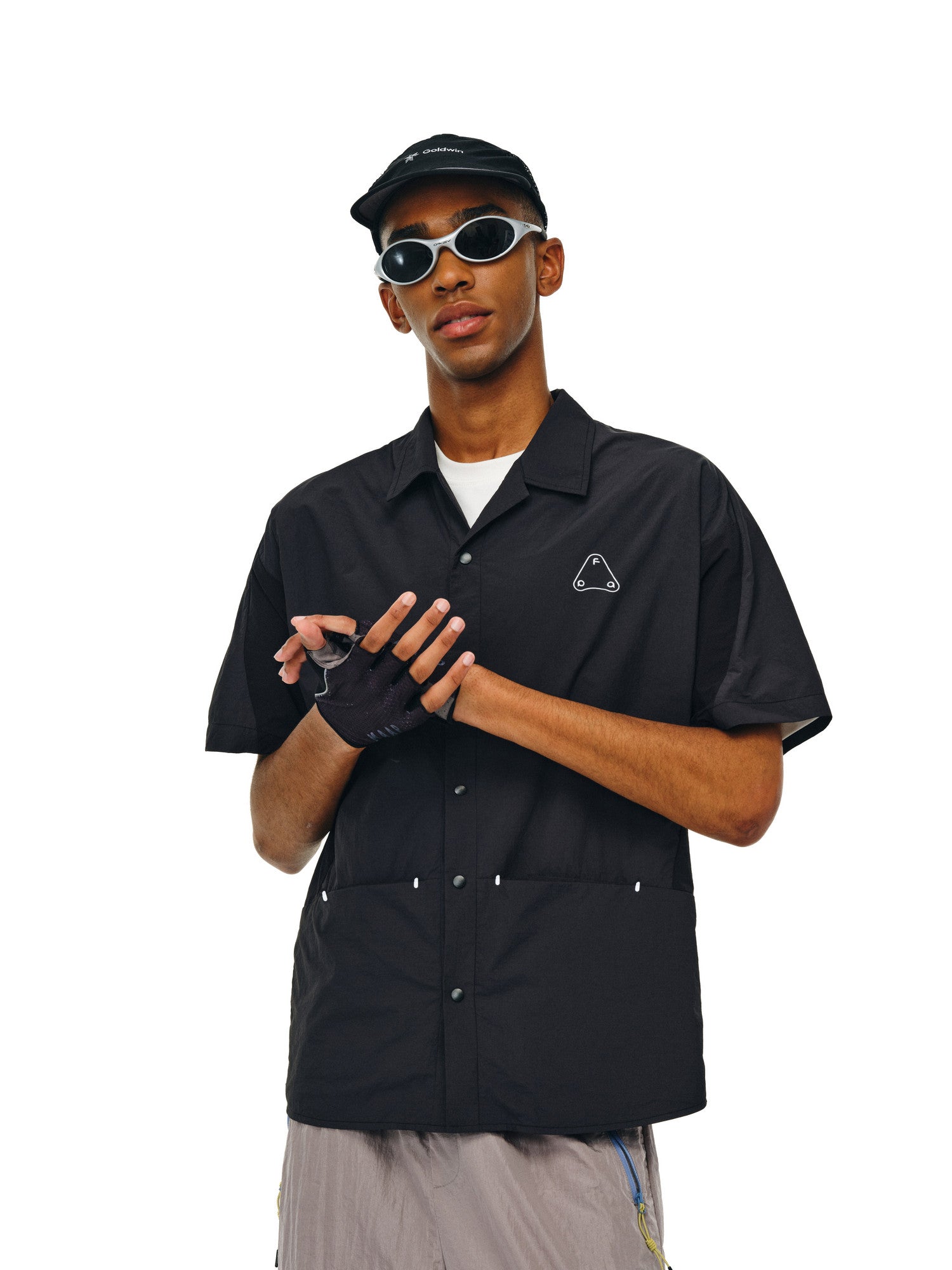 FPA Breathable Original Yarn Sun Protection 50+ Paneled Logo Shirt - Loose-Fit Black Spread Collar Men's Shirt