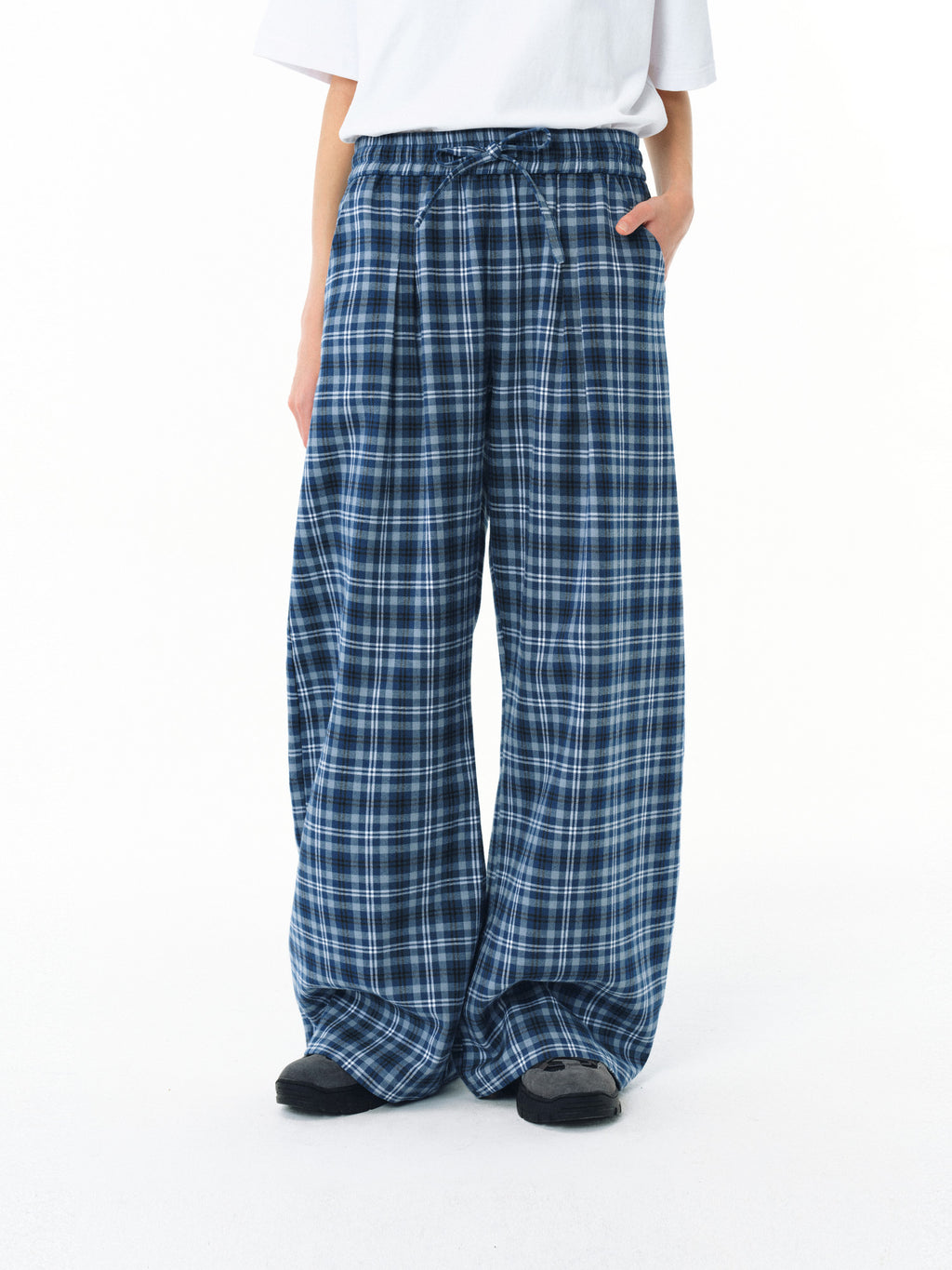 FPA A-Line Wide-Leg Plaid Casual Pants – Chinese Streetwear Trend, Loose-Fit Blue Long Pants
