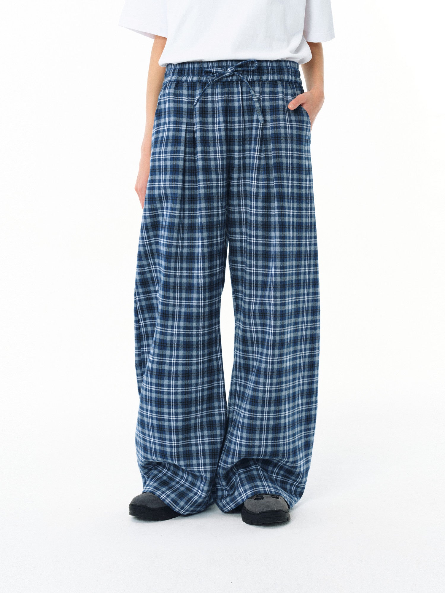 FPA A-Line Wide-Leg Plaid Casual Pants – Chinese Streetwear Trend, Loose-Fit Blue Long Pants
