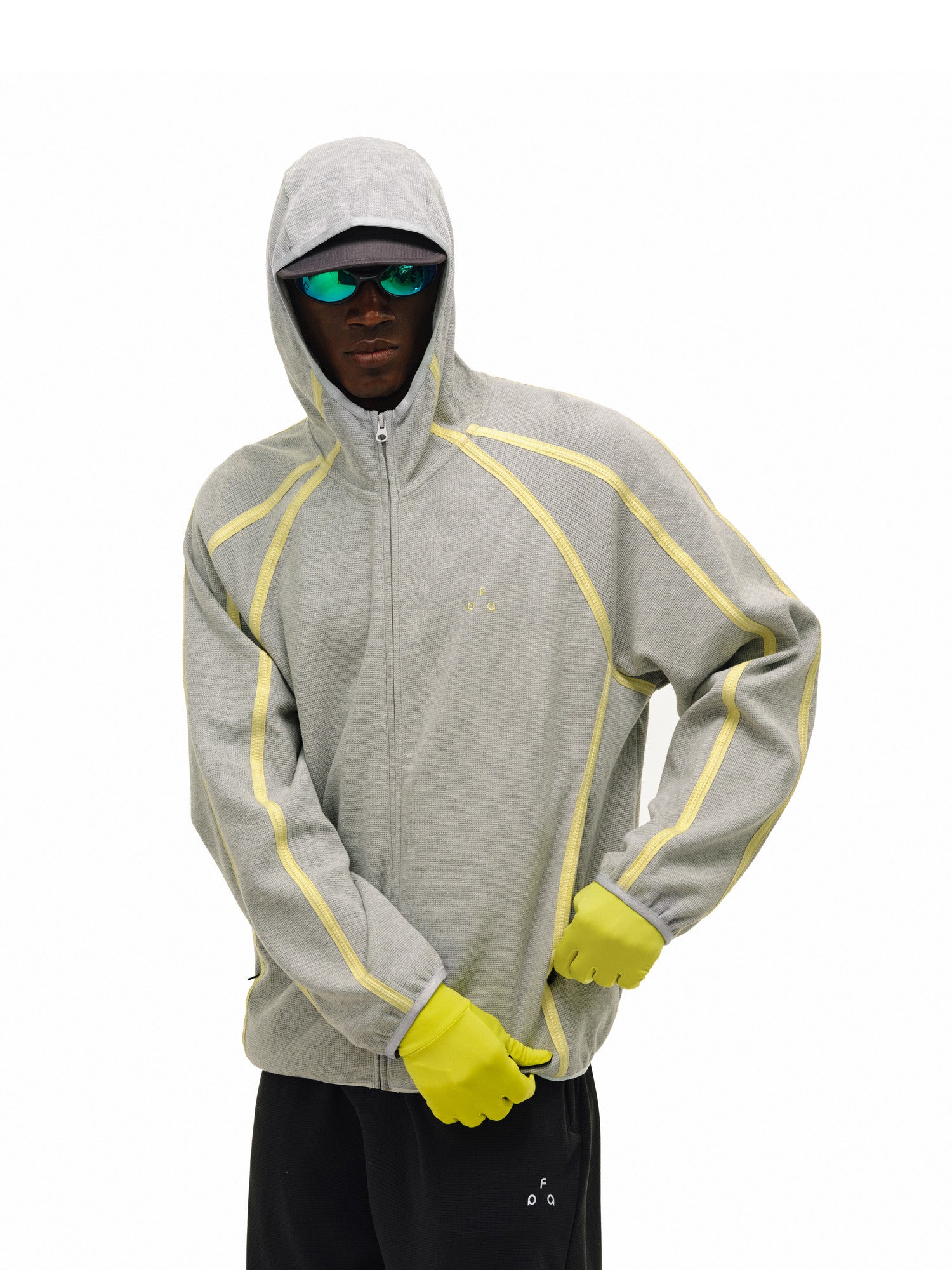 FPA Webbing Contrast Waffle Hooded Jacket Spring Athletic Cardigan Casual Retro Unisex Zip-Up Hoodie