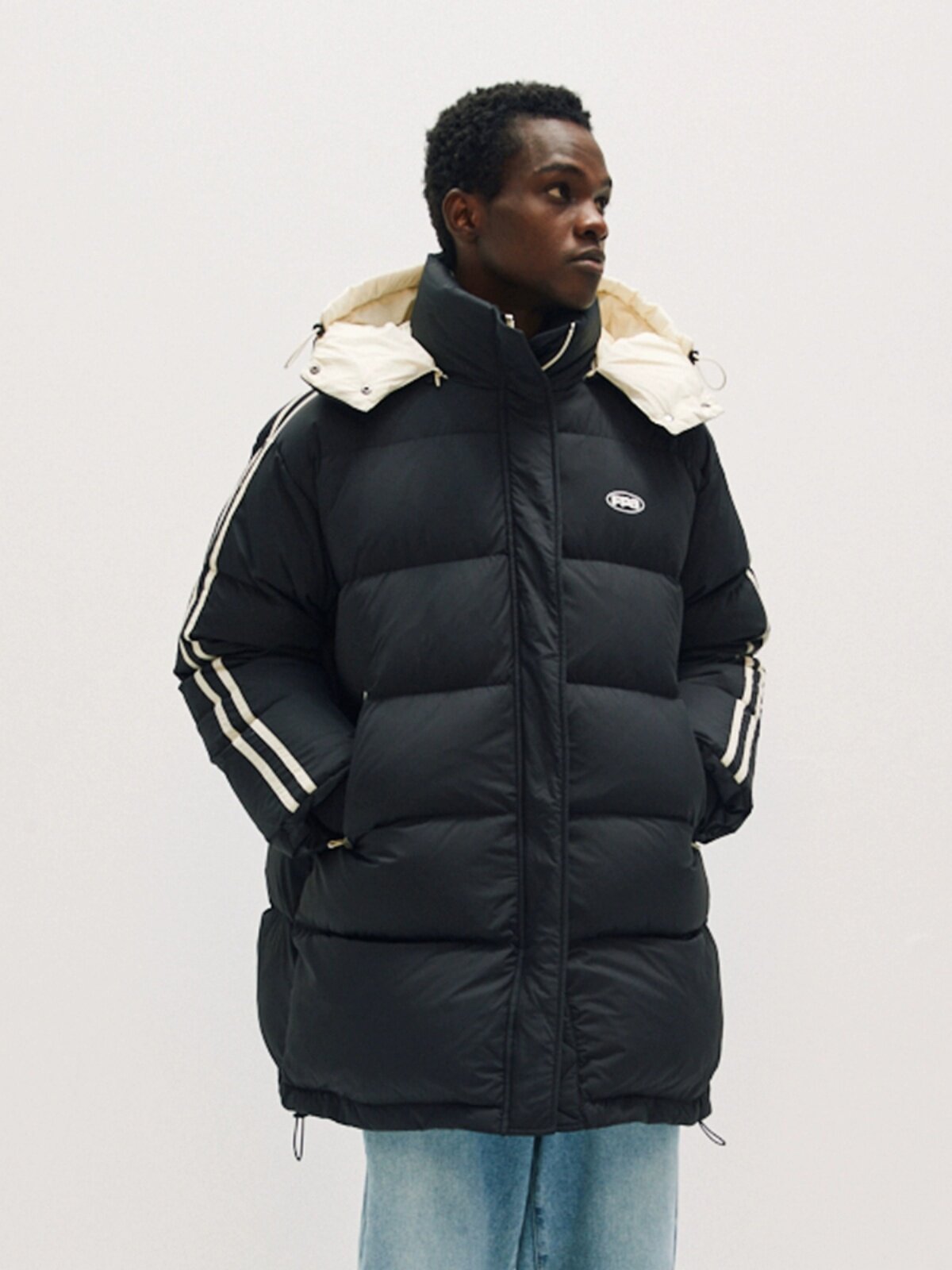 FPA Color-Block Hooded Mid-Length Down Jacket, Chinese Streetwear Brand, Loose Unisex Winter Thick Down Coat for Men