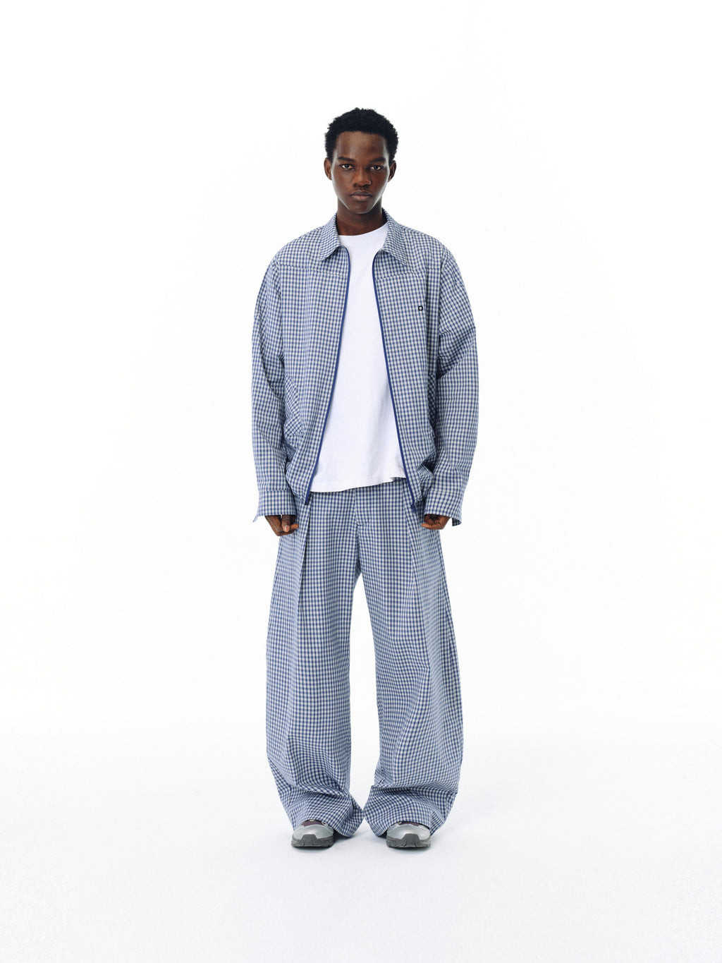 FPA Urban Sports Curved Blade A-Type Wide-Leg Plaid Casual Pants - National Trend Design Loose Blue Check Long Pants