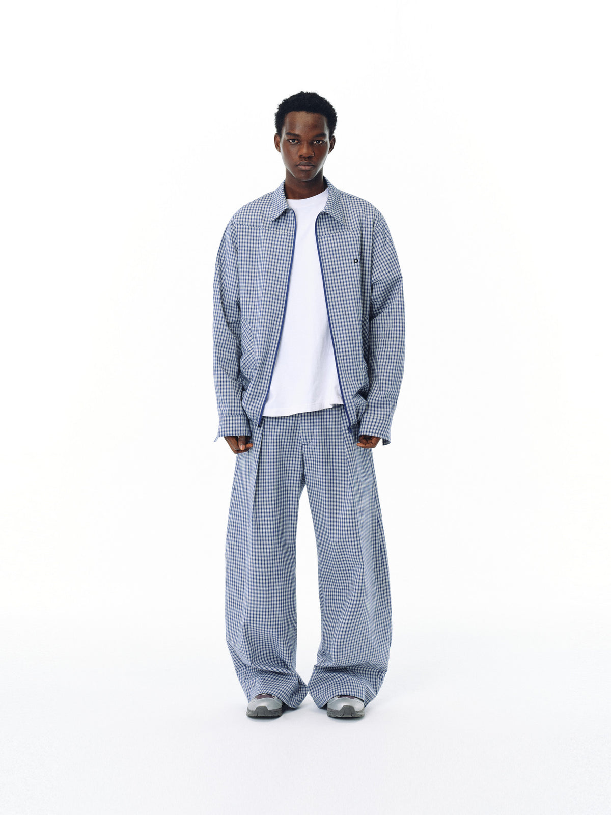 FPA Urban Sports Curved Blade A-Type Wide-Leg Plaid Casual Pants - National Trend Design Loose Blue Check Long Pants