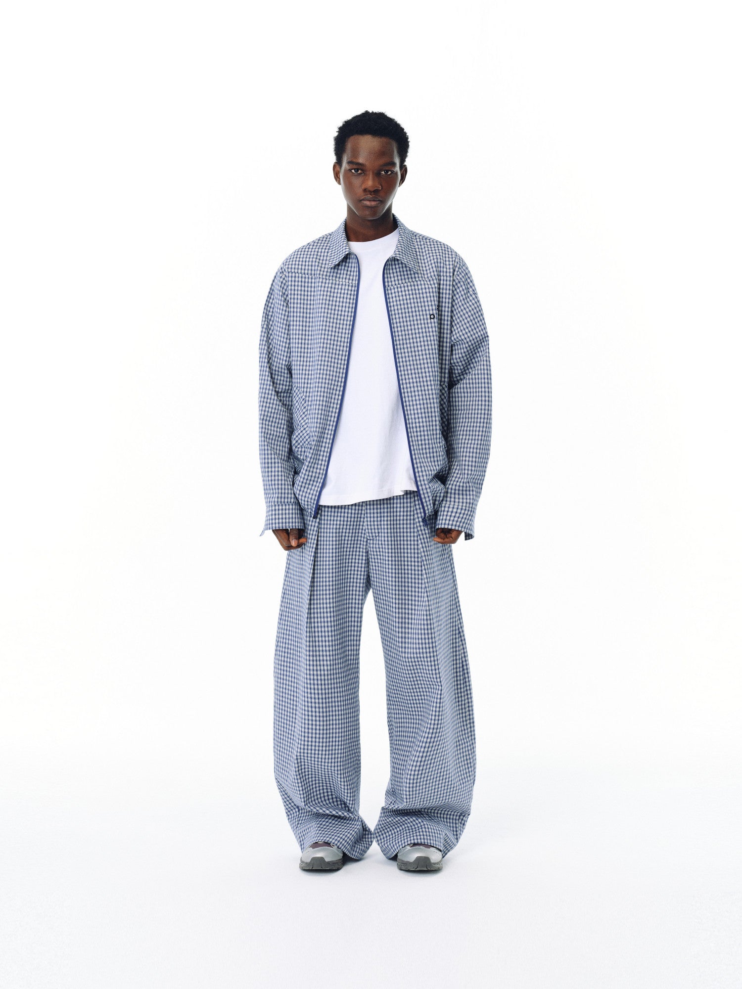 FPA Urban Sports Curved Blade A-Type Wide-Leg Plaid Casual Pants - National Trend Design Loose Blue Check Long Pants