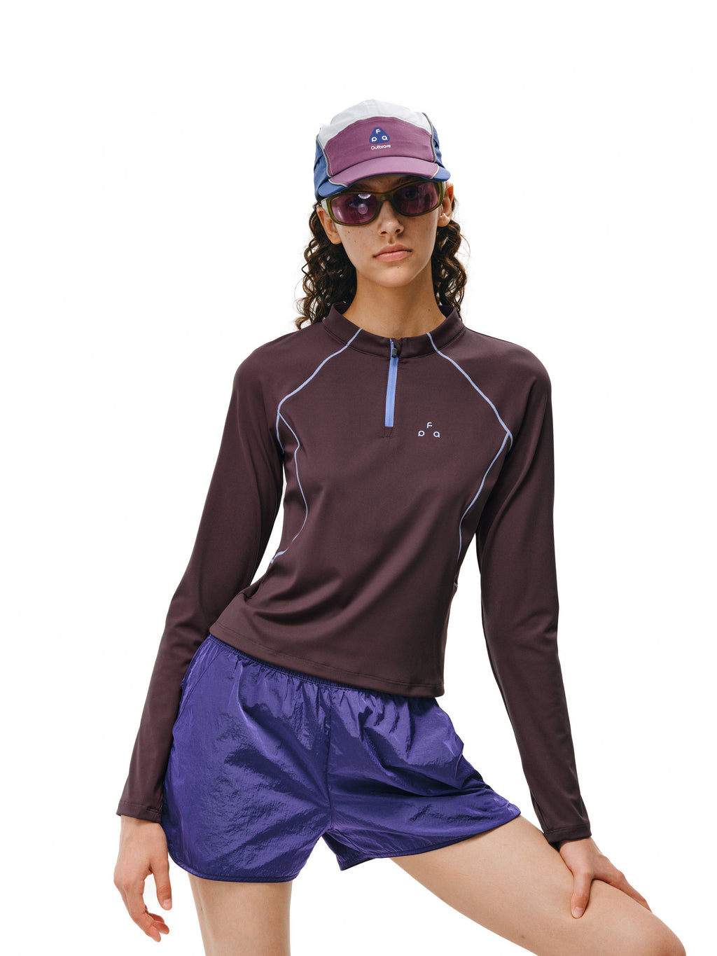FPA Color-Block Contrast Stitching Long-Sleeve Sports T-Shirt for Women, Outdoor Casual Half-Zip Cropped Slim Fit, Spring/Fall, Chinese Streetwear