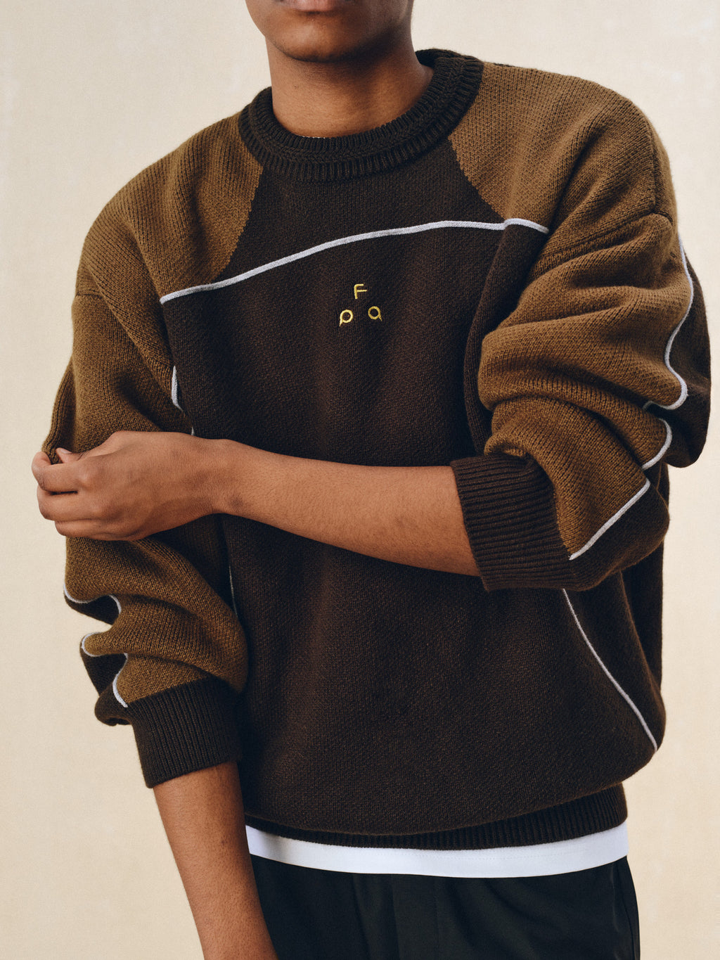 FPA Round Neck Anti-Pilling Contrast Logo Faux Mohair Sweater Vintage Patchwork Casual Couple Knit Top for Men