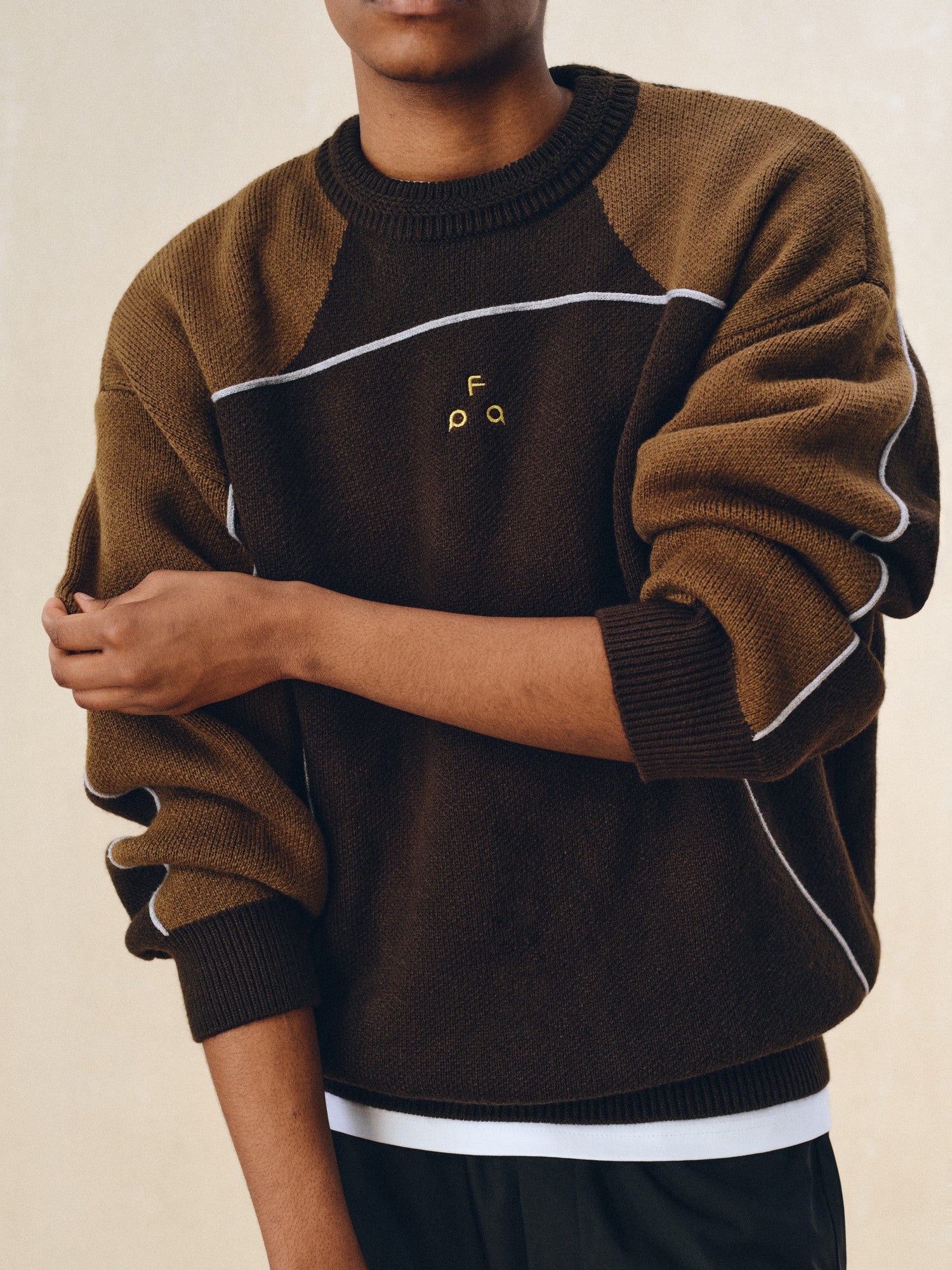 FPA Round Neck Anti-Pilling Contrast Logo Faux Mohair Sweater Vintage Patchwork Casual Couple Knit Top for Men