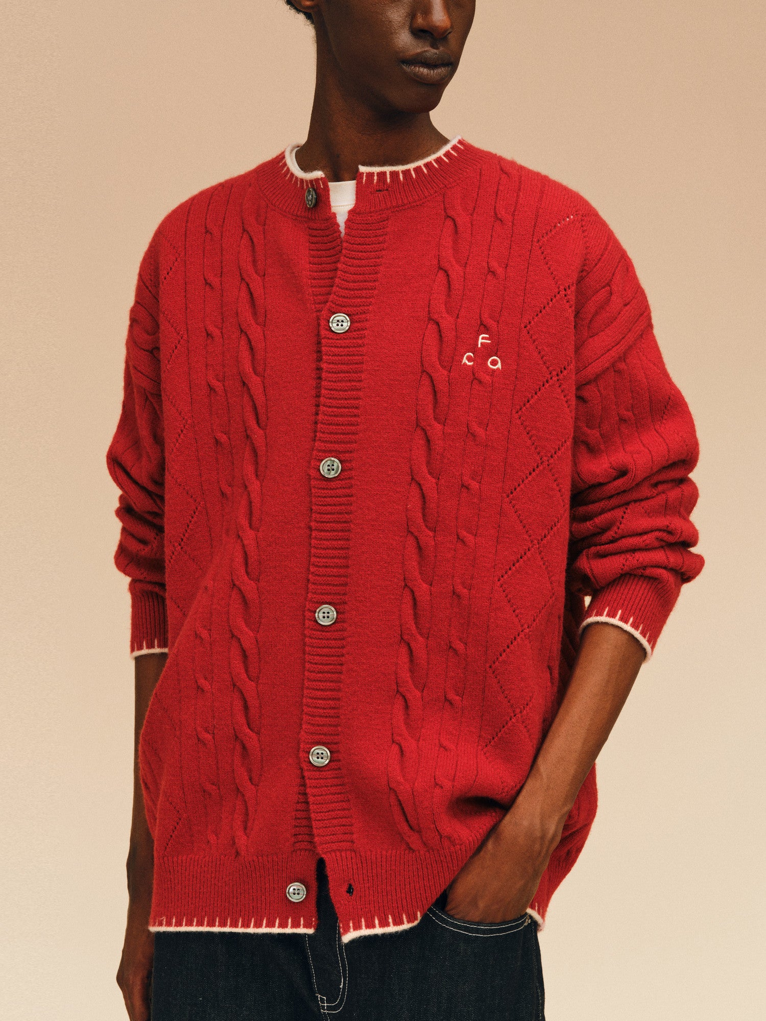 FPA Color-Block Cardigan Sweater – Chinese New Year Red Knit Coat for Him and Her