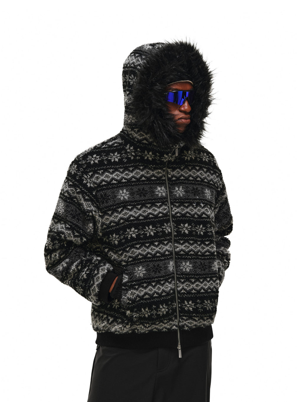 FPA Fair Isle Ethnic Style Faux Fur Collar 3M Cotton Padded Jacket – Winter Premium Warmth Couple Retro Cotton Coat