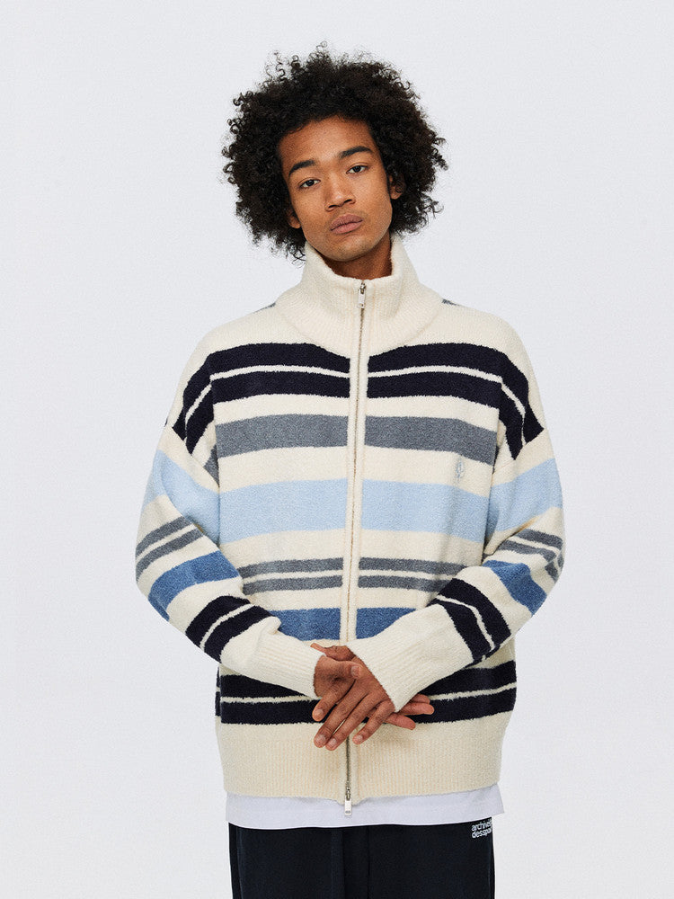 FPA Striped Contrast Color Cardigan Sweater Autumn Double Zipper Chinese Street Style Loose Casual Relaxed High Collar Coat