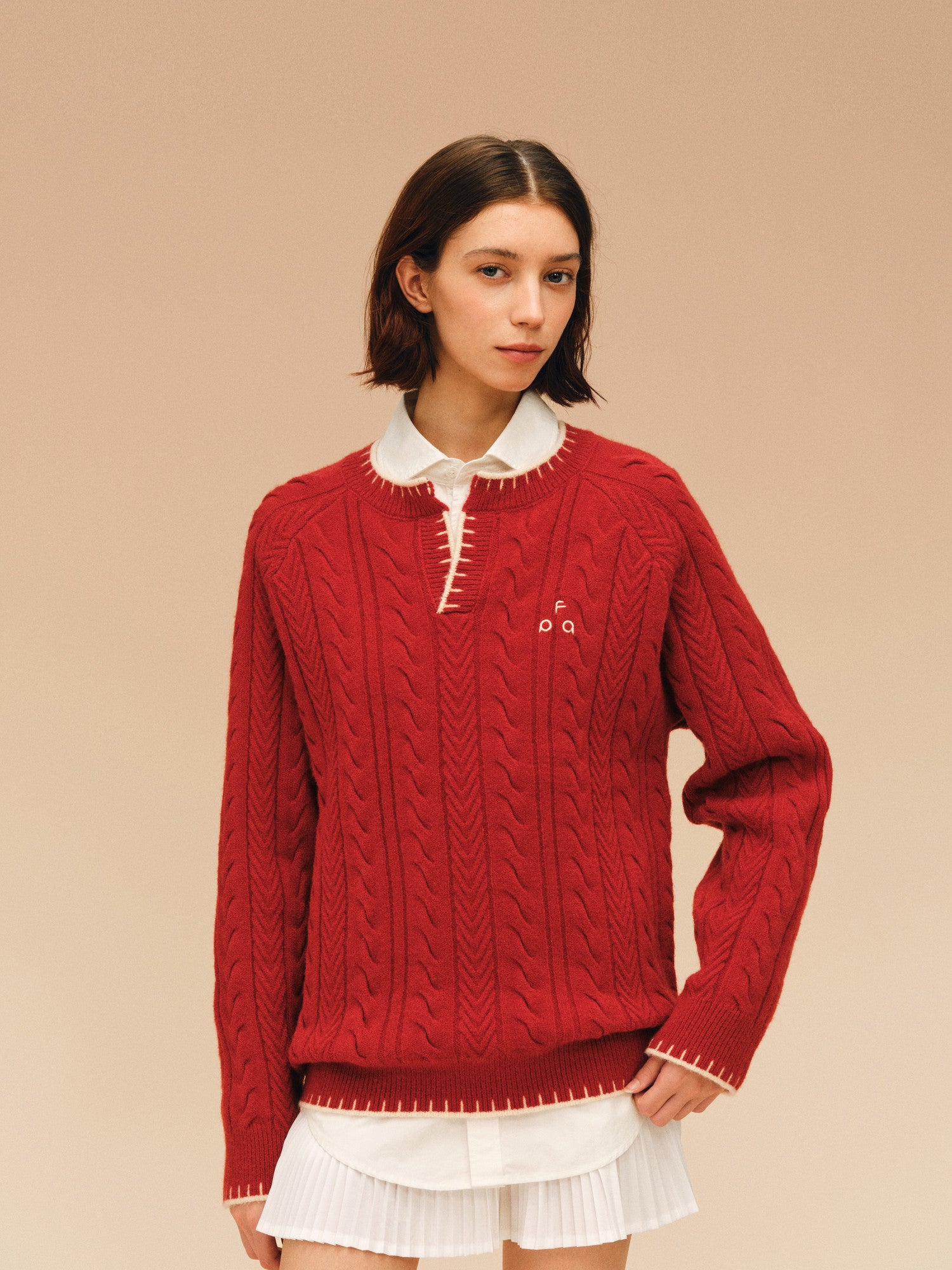 FPA Henry Neck Casual Pullover Sweater, Chinese New Year Contrast Color V-Neck Red Knit Top
