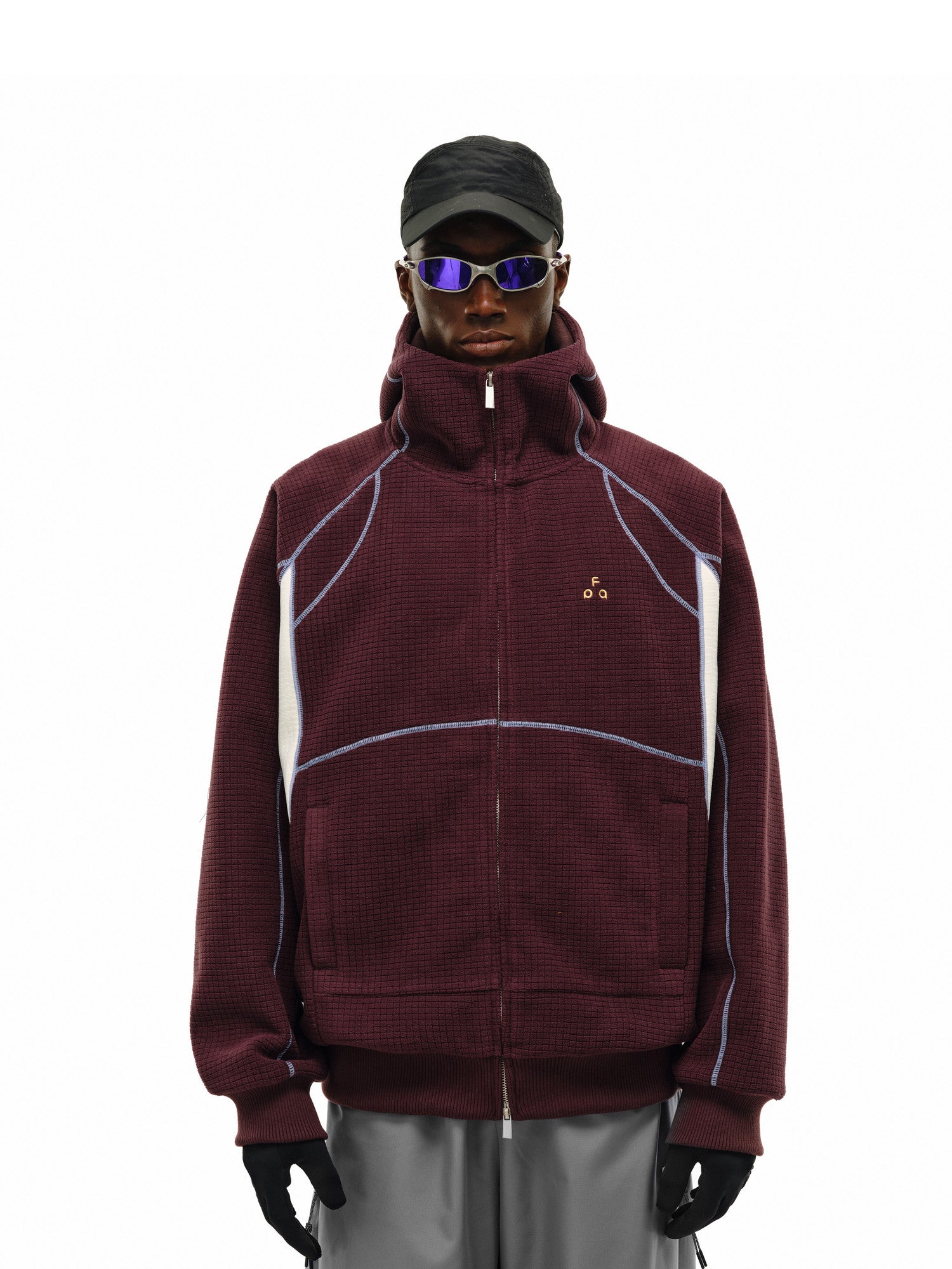 FPA Color-Block Contrast Stitch Grid Fleece Zip-Up Hoodie – Relaxed Retro Sweatshirt for Spring