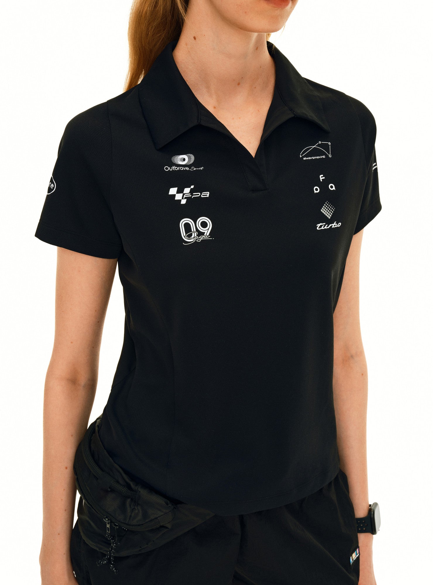 FPA Racing Pattern Short-Sleeve Polo Shirt Women's Outdoor Sports V-Neck Slim Fit Quick-Dry Collared Tee