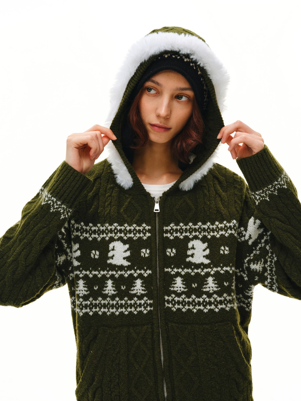 FPA Christmas Fur Collar Dog Fair Isle Cable Knit Hooded Sweater 2026 New Fall/Winter Red Knitwear