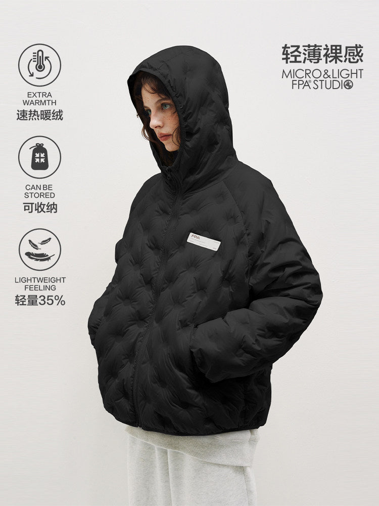 Lightweight 90% White Duck Down FPA Embossed Hooded Down Jacket, Chinese Streetwear Autumn/Winter Coat