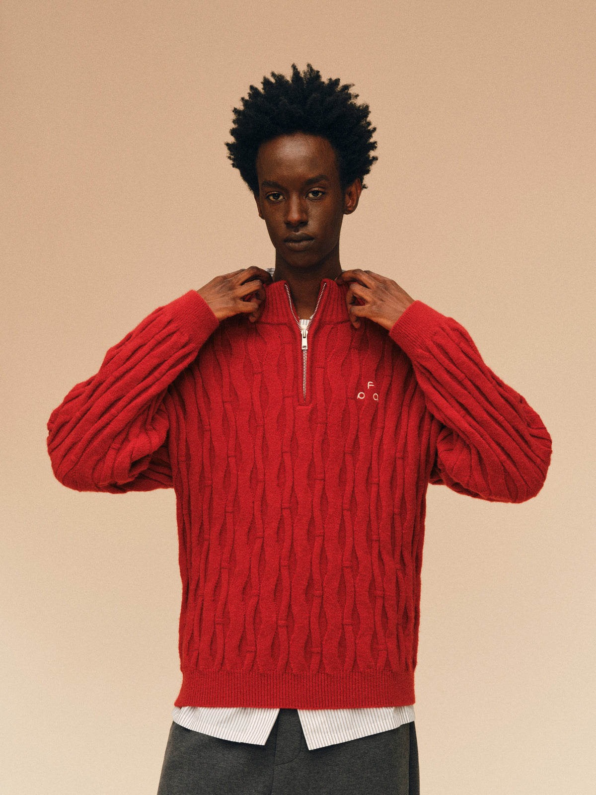 FPA Zip-Up Half-Zip Cable Knit Pullover Sweater - Chinese Red Couple Knitwear for Spring, Year of the Horse