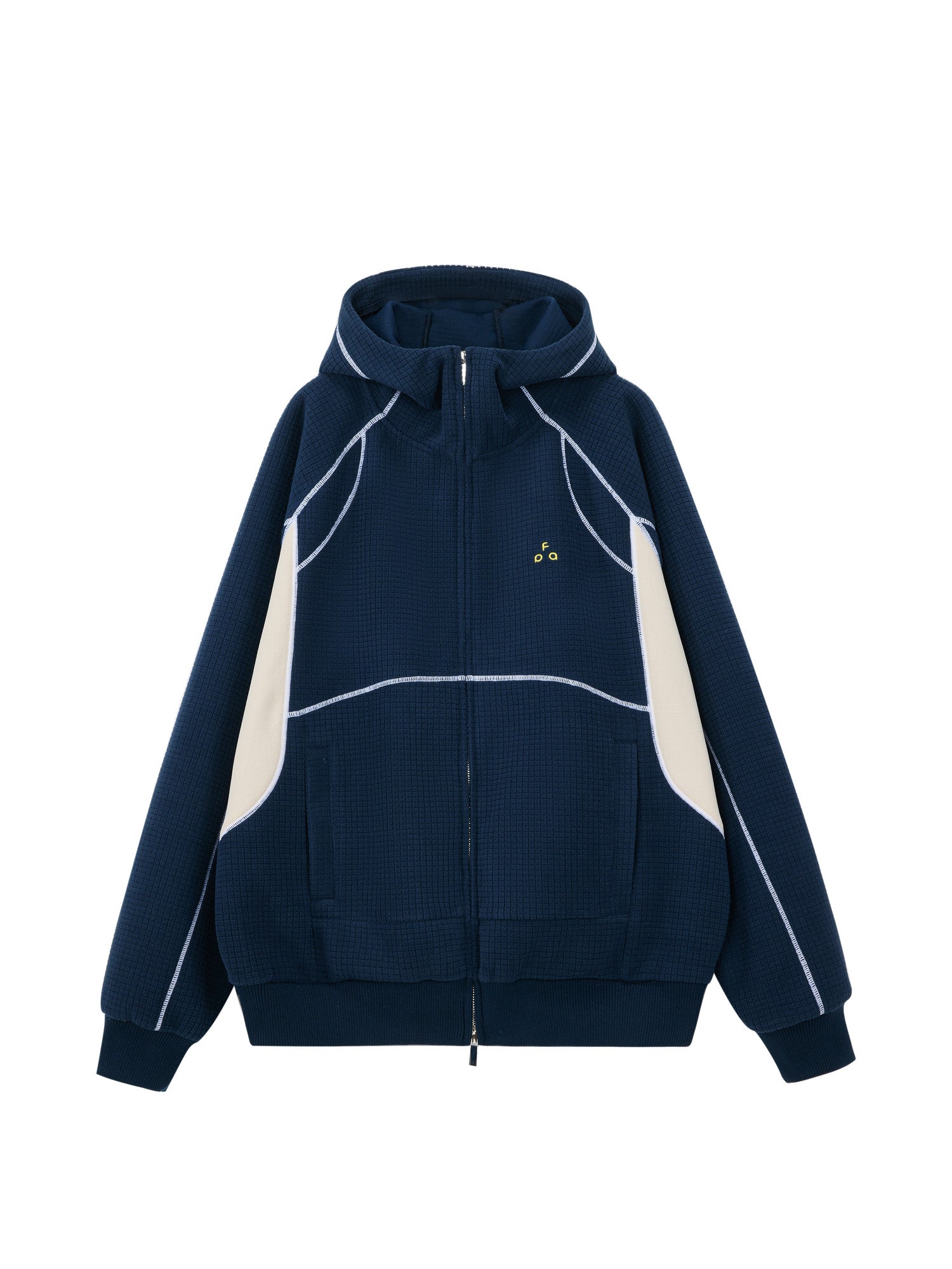 FPA Color-Block Contrast Stitch Grid Fleece Zip-Up Hoodie – Relaxed Retro Sweatshirt for Spring