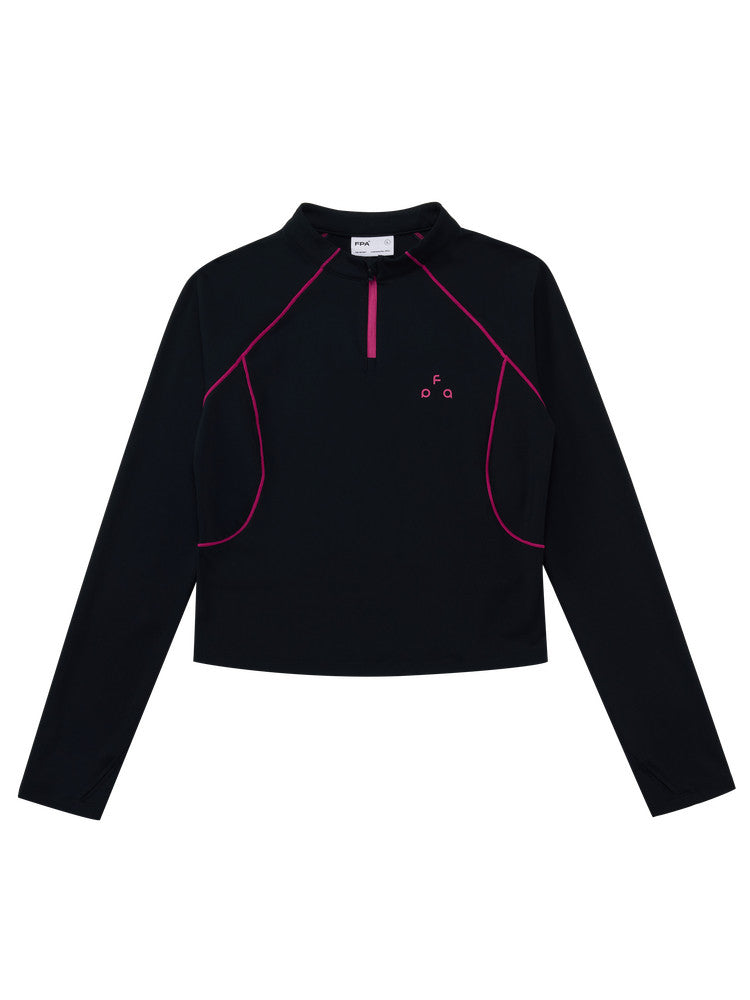 FPA Color-Block Contrast Stitching Long-Sleeve Sports T-Shirt for Women, Outdoor Casual Half-Zip Cropped Slim Fit, Spring/Fall, Chinese Streetwear