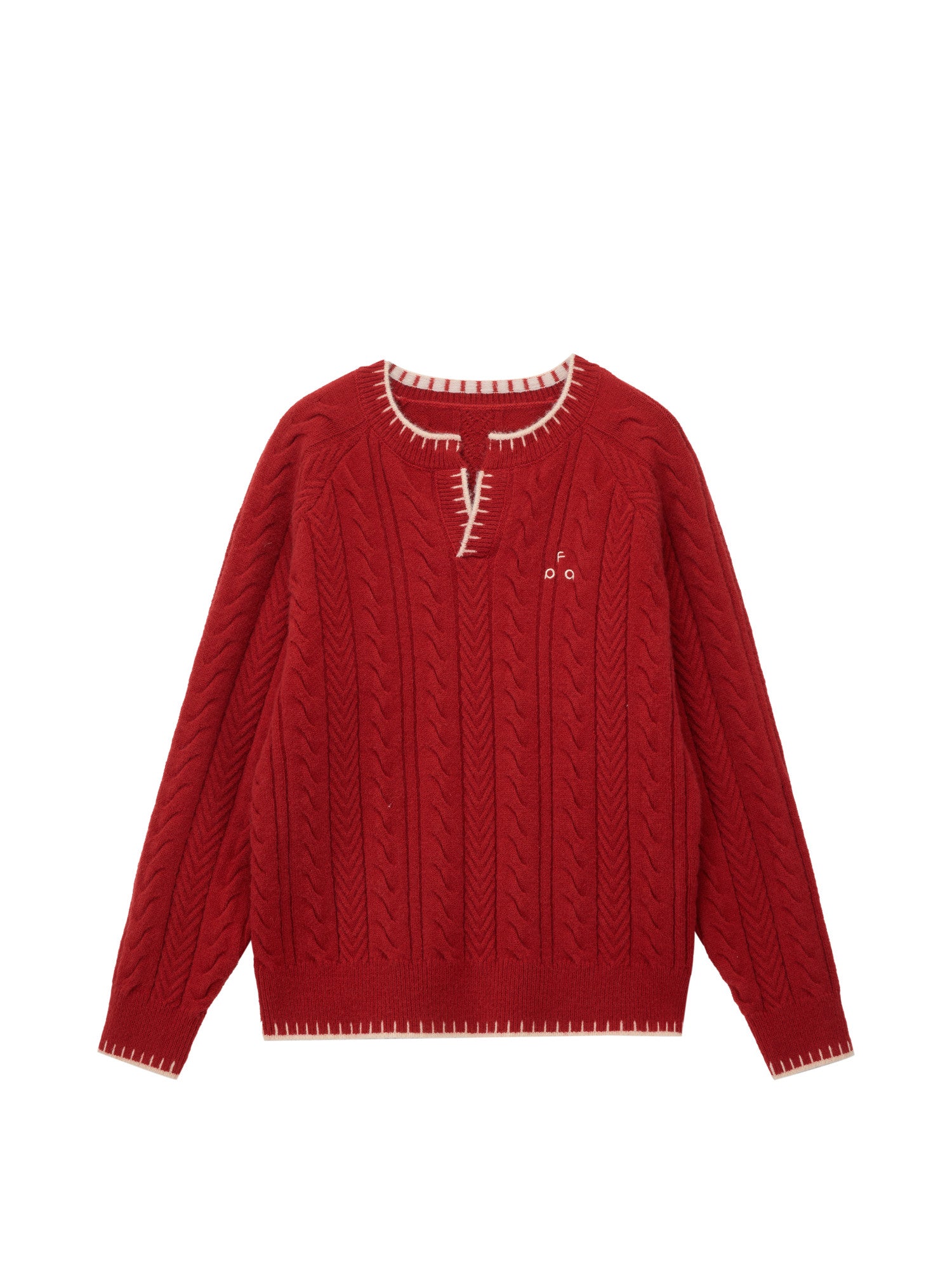 FPA Henry Neck Casual Pullover Sweater, Chinese New Year Contrast Color V-Neck Red Knit Top