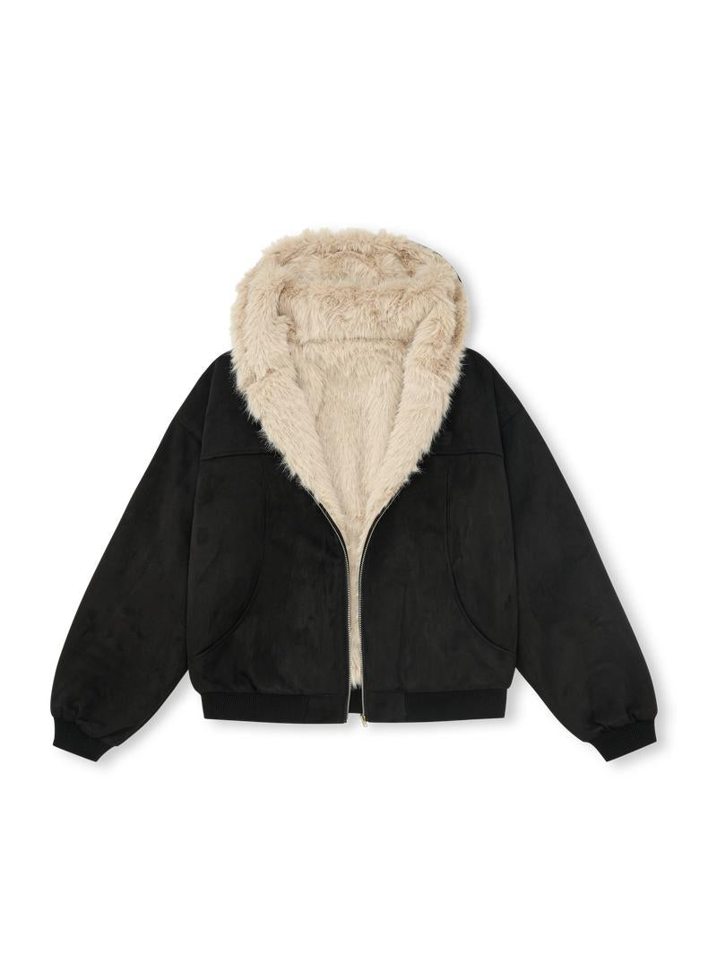 FPA Suede Quilted Cotton Jacket with Faux Fur Collar – Winter Thickened American Style Black Jacket Coat