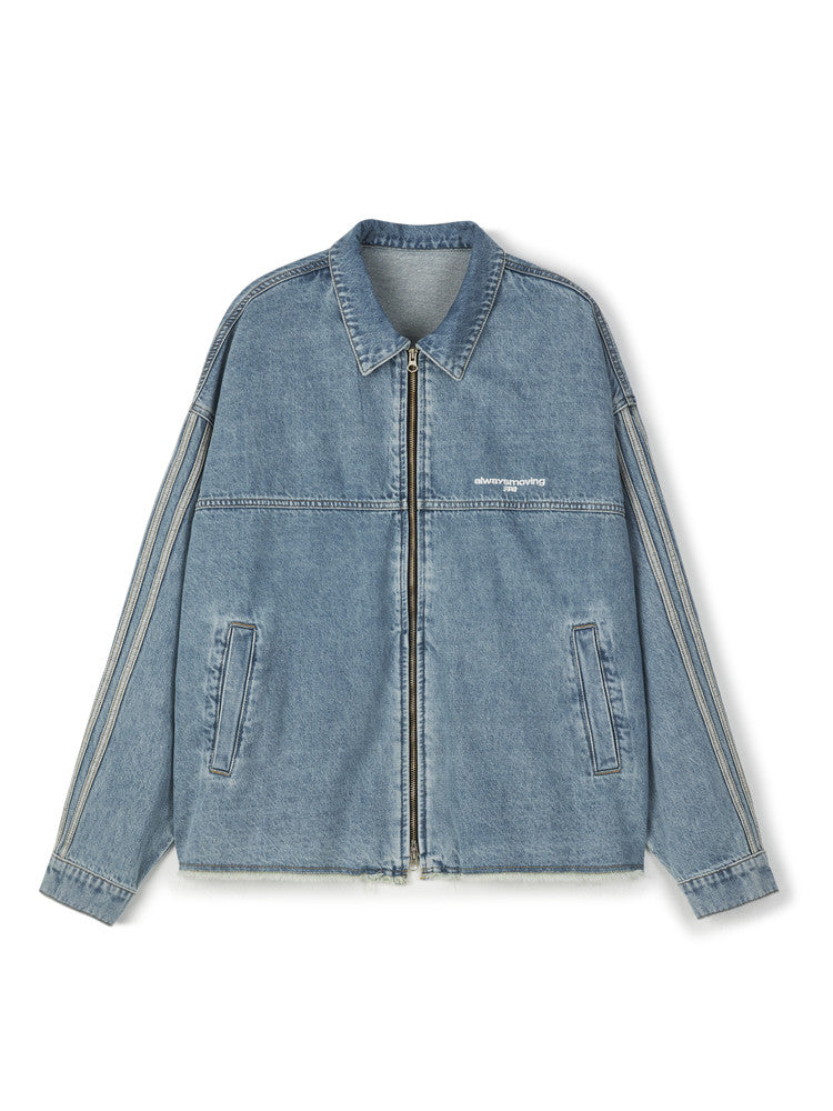 FPA Washed Fringed Denim Jacket – Chinese Streetwear Trend, American Loose Fit, Unisex Collared Jacket for Men