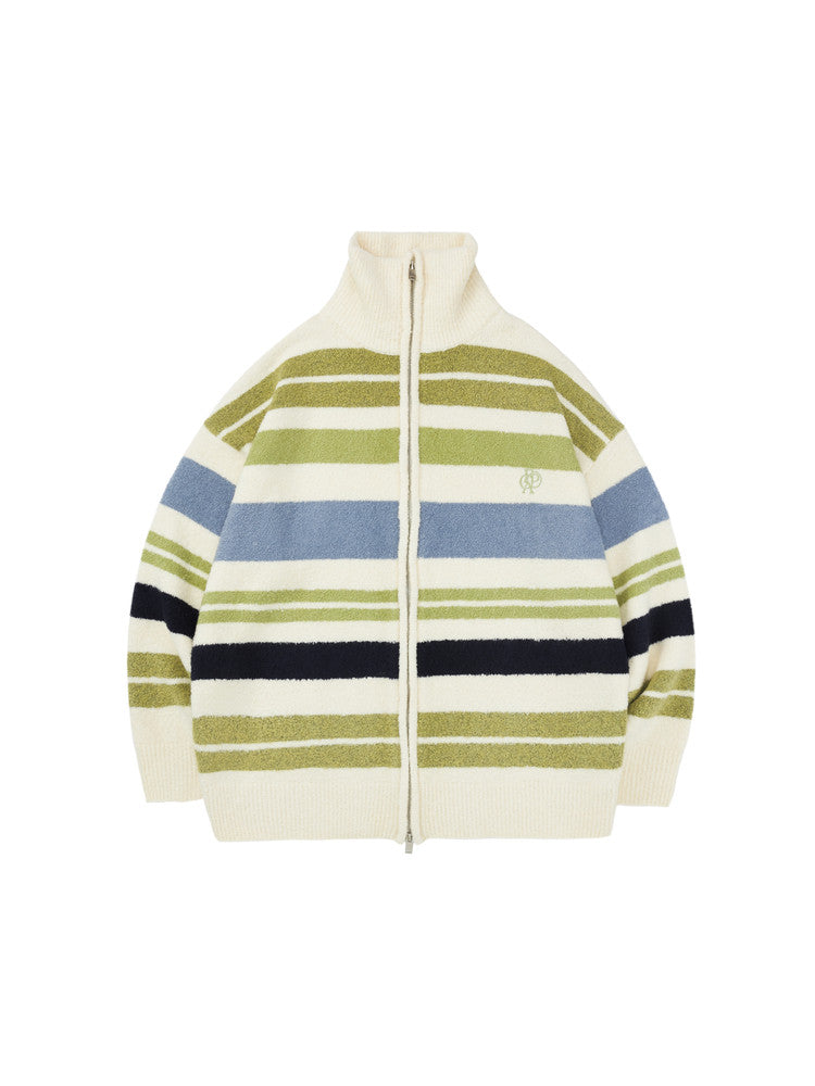 FPA Striped Contrast Color Cardigan Sweater Autumn Double Zipper Chinese Street Style Loose Casual Relaxed High Collar Coat