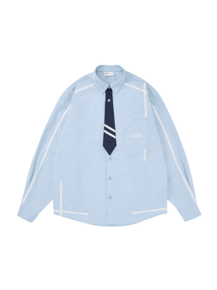 FPA Webbing Patch Fake Tie Long-Sleeve Shirt 2023 New Spring/Autumn Chinese Streetwear Loose-Fit Men's Shirt