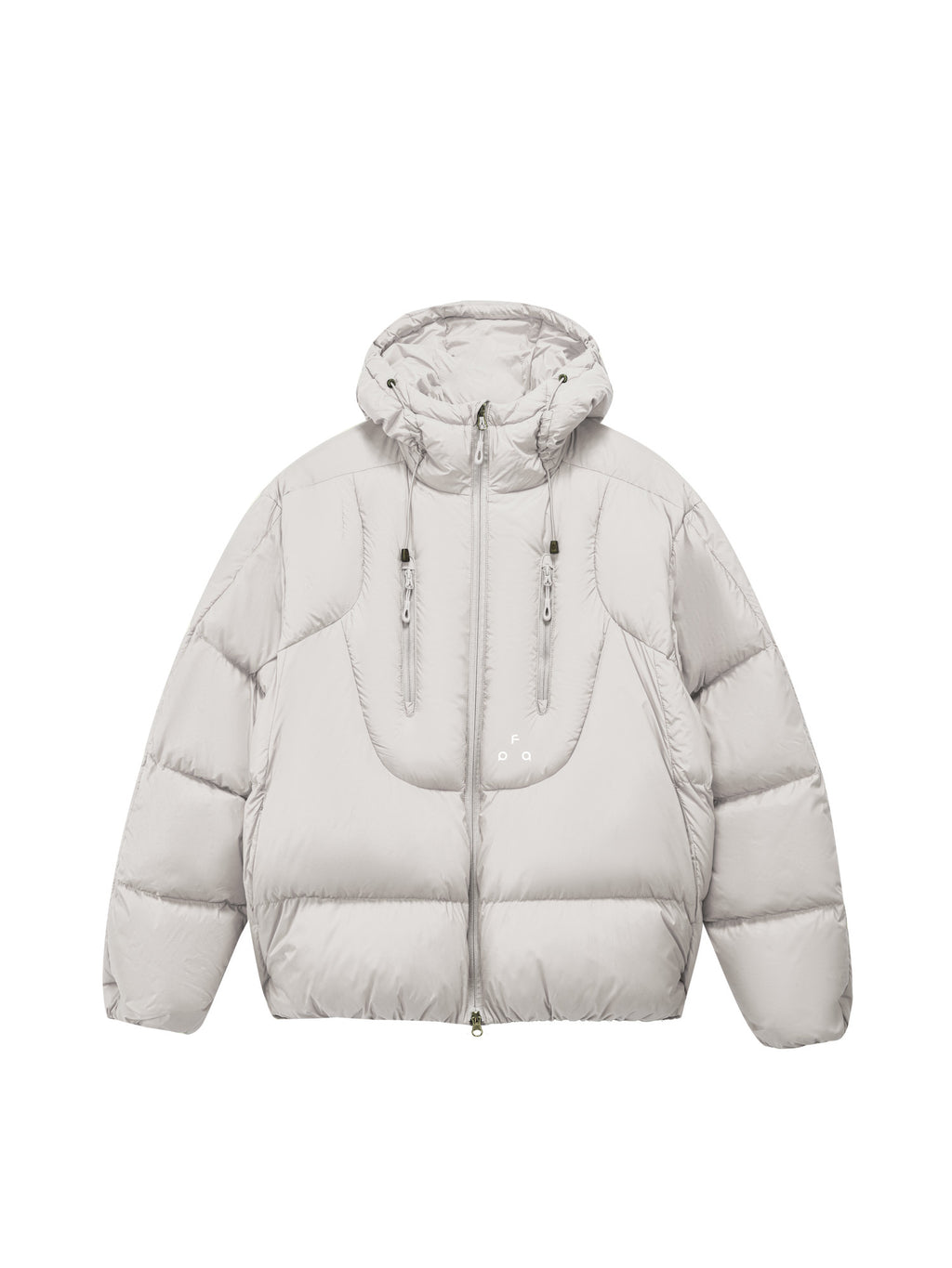 FPA Double-Zip Hooded Down Jacket with Structured Silhouette, Winter Warm 90% White Duck Down, Couple Style in Gray-White