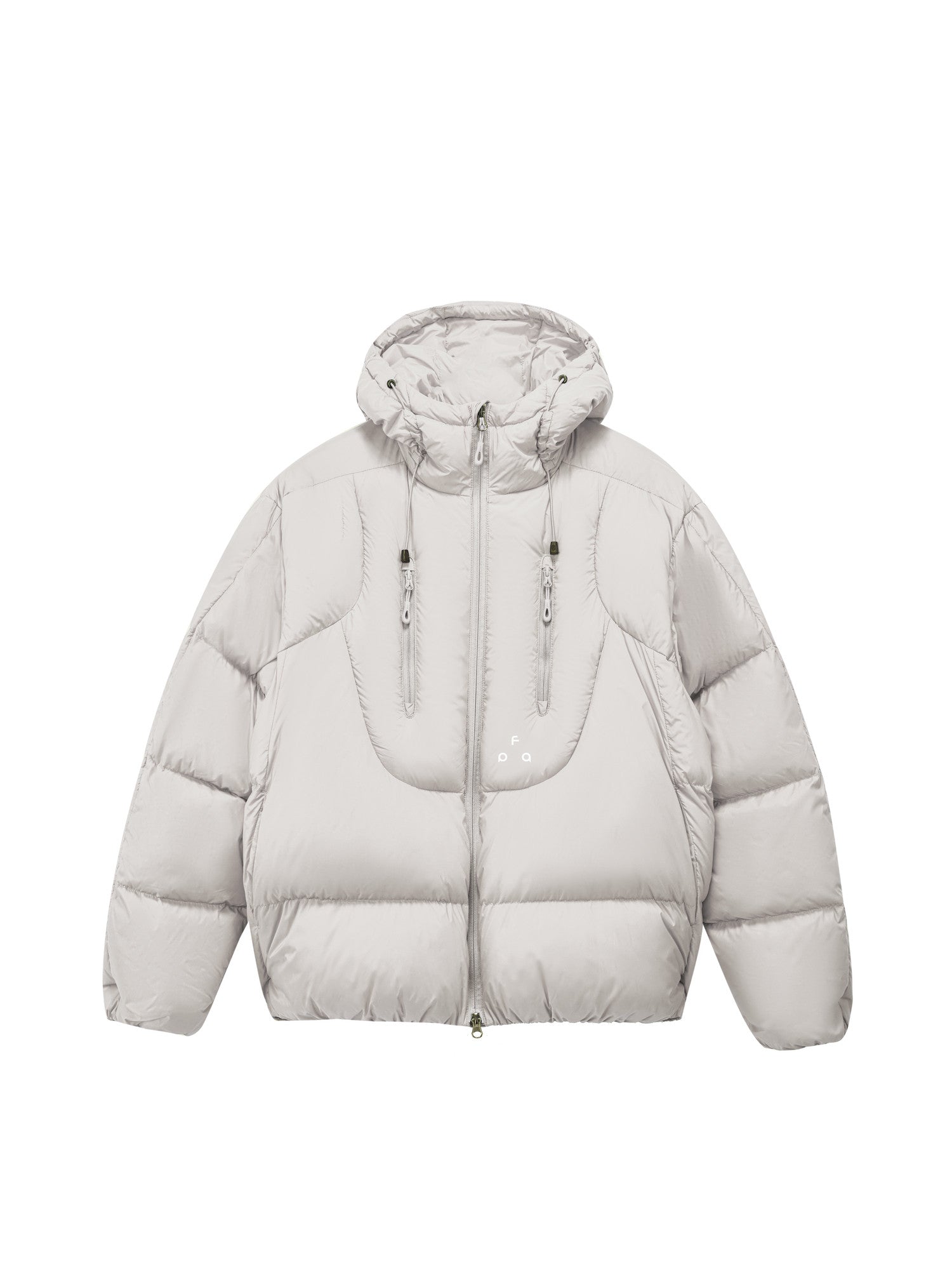 FPA Double-Zip Hooded Down Jacket with Structured Silhouette, Winter Warm 90% White Duck Down, Couple Style in Gray-White